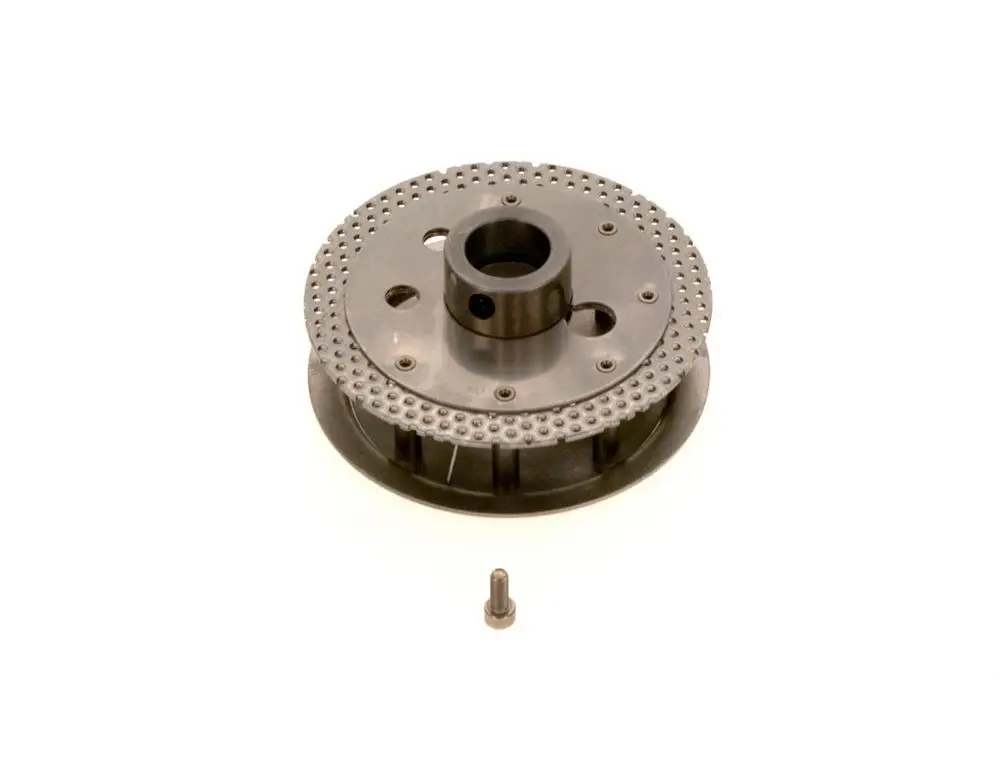 Bosch Mischsystem mit runder, perforierter Oberfläche und zentralem Loch, ausgestattet mit mehreren Montagebohrungen. neben einem kleinen Befestigungselement.
